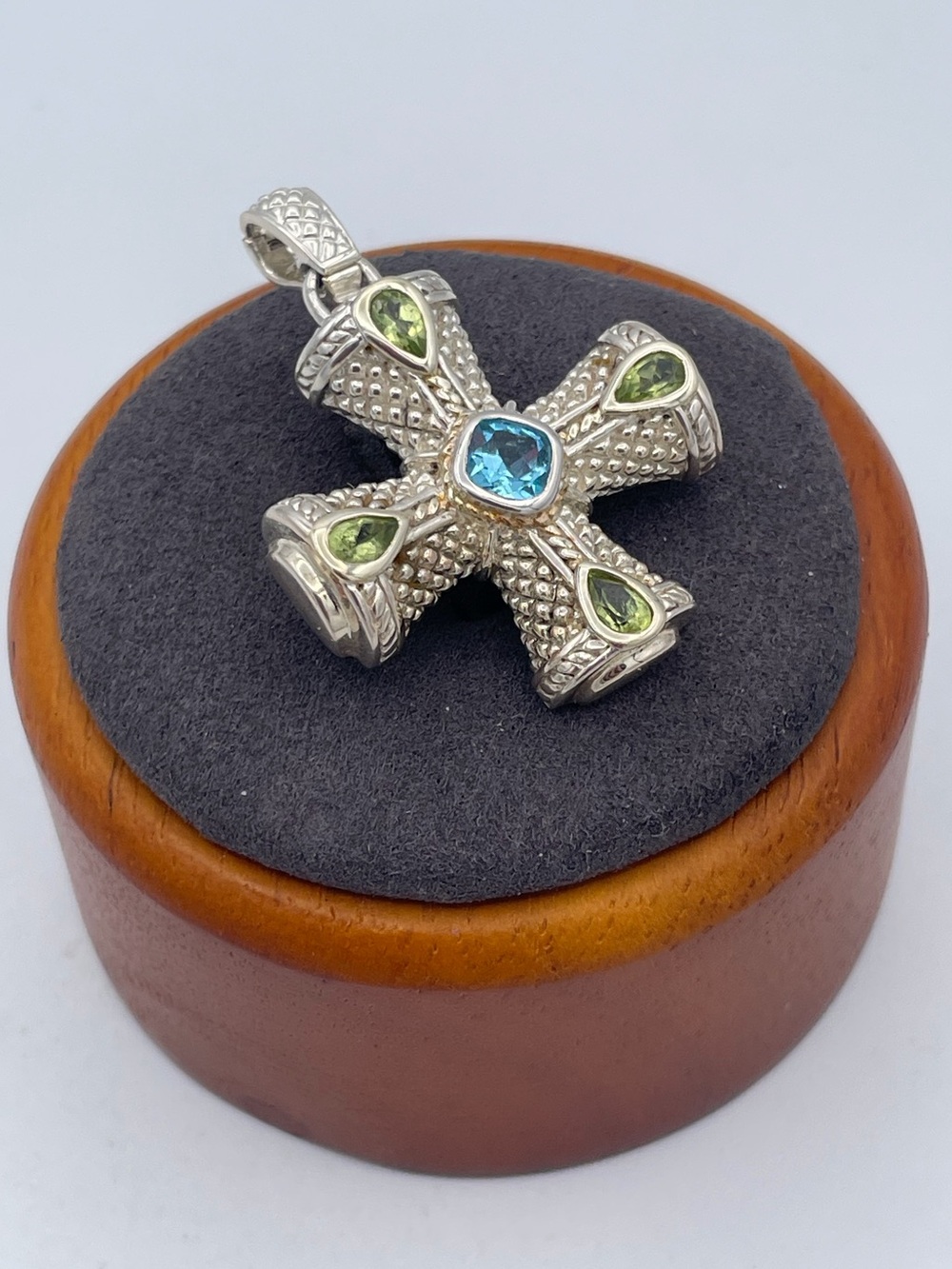 Judith Ripka Sterling Silver 925 Peridot Blue Topaz Maltese Cross Pendant 1.1”